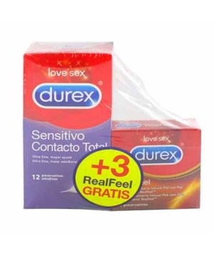 DUREX SENSITIVO CONTACTO TOTAL+ DUREX REAL FEEL PRESERVATIVOS 12 UNIDADES + 3 UNIDADES PROMOCION
